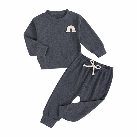 Odeerbi Toddler Boys Girls Rib Cotton Outfits Fall Winter Round Neck Embroidered 2025 Long Sleeve Tops Pants Baby Stripe Set Home Set Dark Gray 12-24 Months