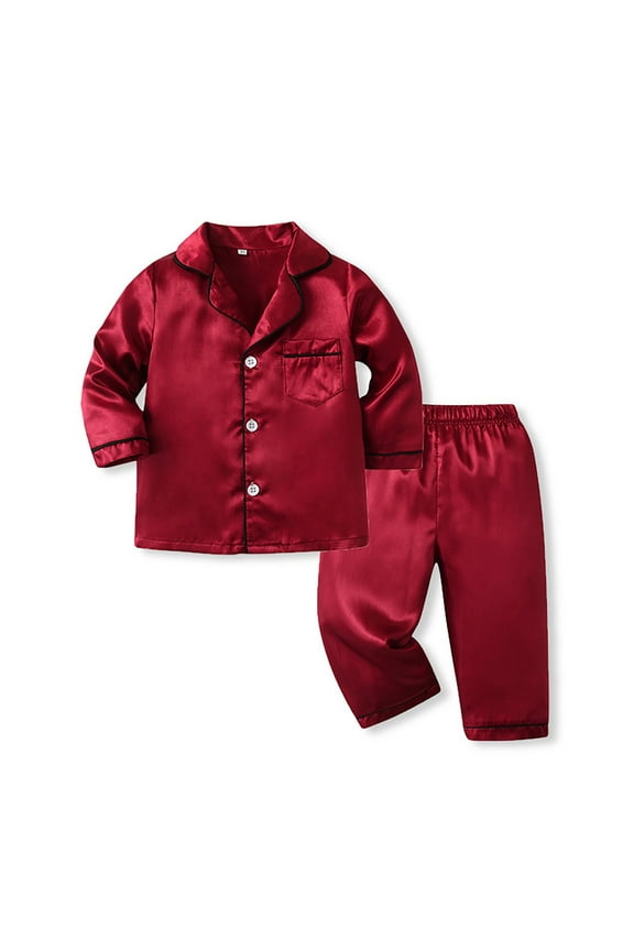 Toddler Boys Girls Satin Pajama Sets Notched Lapel Loungewear Solid Color Long Sleeve Breasted Baby Pajamas Two-piece Set Red