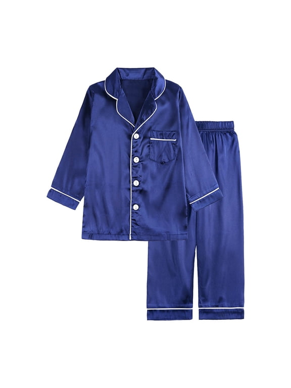 Toddler Boys Girls Silk-like Pajamas Set Kids Long Sleeve jammies Toddler Winter Solid Color Home Wear Baby Clothes Suit 1-2 Years