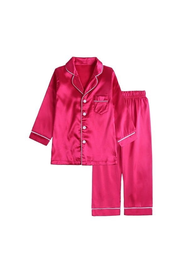 Toddler Boys Girls Silk-like Pajamas Set Kids 2025 Long Sleeve jammies Toddler Winter Solid Color Home Wear Baby Clothes Suit Hot Pink 2-3 Years