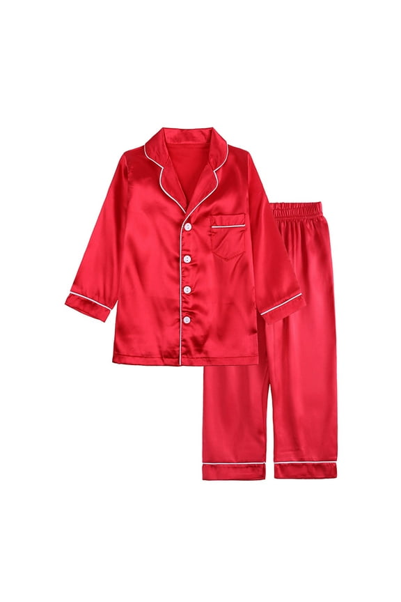 Toddler Boys Girls Silk-like Pajamas Set Kids 2025 Long Sleeve jammies Toddler Winter Solid Color Home Wear Baby Clothes Suit Red 5-6 Years
