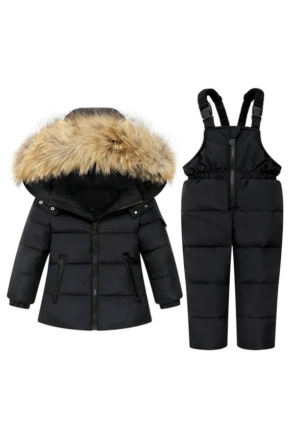 Toddler Boys Girls Ski Sui Waterproof Snowsuits Winter Down Jacket 2025 Fashion Solid Color Down Jackets Keep Thickening Warm Outdoor Coat Jumpsuit Set Black 2-3 Years