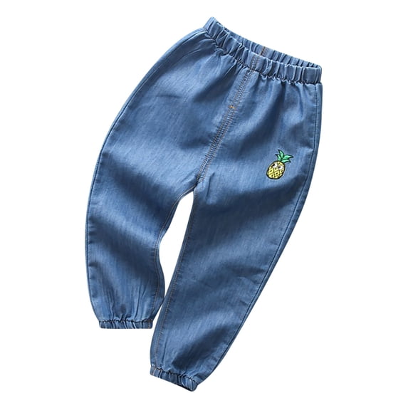 Odeerbi Toddler Boys Girls Soft Loose Denim Pants Cartoon Printed Jogger Jeans Children's Casual Embroidered Printed Loose Leg Tied Denim Pants Dark Blue