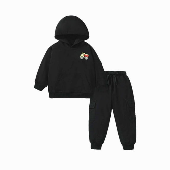 Odeerbi Toddler Boys Girls Sweatsuits Fall Winter Two Piece Outfits Set Children's Fashionable Casual Long Sleeve Car Hoodies Jogger Pants Hooded Tracksuit Set Black