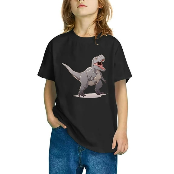 Odeerbi Kids Boys Girls T-shirt Dinosaur Print Short Sleeve Cotton Tee Tops Kids Fashion Cute Round Neck Cartoon Print Tees Black