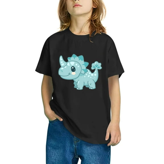 Odeerbi Toddler Boys Girls T-shirt Dinosaur Print Short Sleeve Cotton Tee Tops Kids Fashion Cute Round Neck Cartoon Print Tees Black