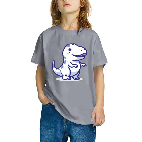 Odeerbi Kids Boys Girls T-shirt Dinosaur Print Short Sleeve Cotton Tee Tops Kids Fashion Cute Round Neck Cartoon Print Tees Gray