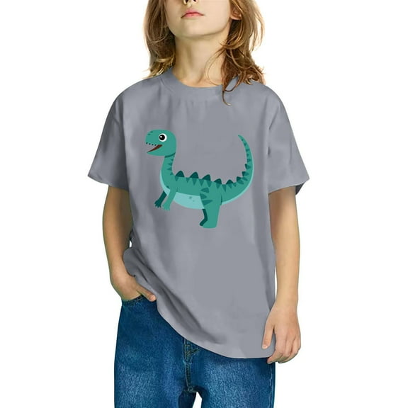 Odeerbi Kids Boys Girls T-shirt Dinosaur Print Short Sleeve Cotton Tee Tops Kids Fashion Cute Round Neck Cartoon Print Tees Gray
