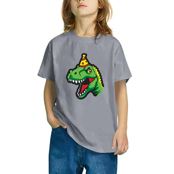 Odeerbi Toddler Boys Girls T-shirt Dinosaur Print Short Sleeve Cotton Tee Tops Kids Fashion Cute Round Neck Cartoon Print Tees Gray