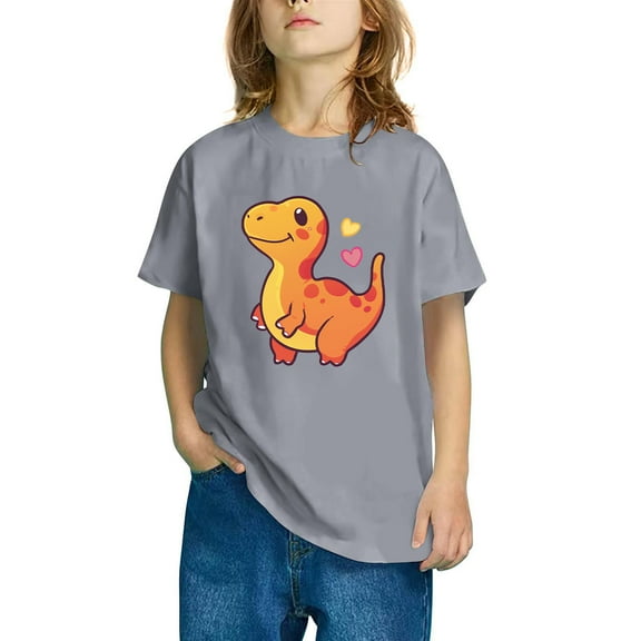 Odeerbi Kids Boys Girls T-shirt Dinosaur Print Short Sleeve Cotton Tee Tops Kids Fashion Cute Round Neck Cartoon Print Tees Gray