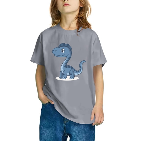 Odeerbi Toddler Boys Girls T-shirt Dinosaur Print Short Sleeve Cotton Tee Tops Kids Fashion Cute Round Neck Cartoon Print Tees Gray