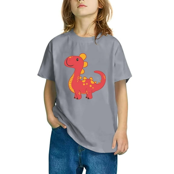 Odeerbi Kids Boys Girls T-shirt Dinosaur Print Short Sleeve Cotton Tee Tops Kids Fashion Cute Round Neck Cartoon Print Tees Gray