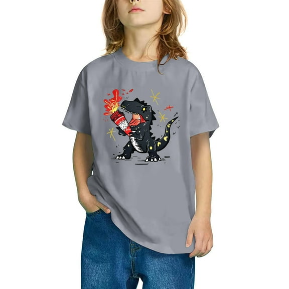 Odeerbi Toddler Boys Girls T-shirt Dinosaur Print Short Sleeve Cotton Tee Tops Kids Fashion Cute Round Neck Cartoon Print Tees Gray