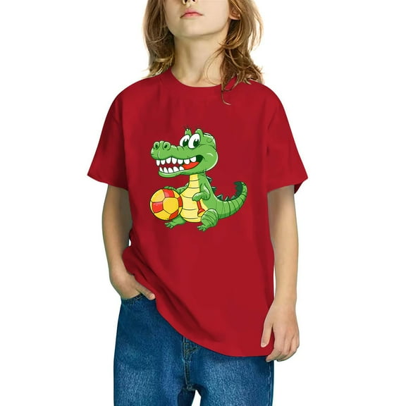 Odeerbi Toddler Boys Girls T-shirt Dinosaur Print Short Sleeve Cotton Tee Tops Kids Fashion Cute Round Neck Cartoon Print Tees Red