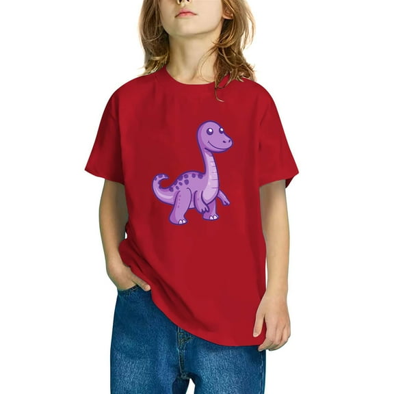 Odeerbi Kids Boys Girls T-shirt Dinosaur Print Short Sleeve Cotton Tee Tops Kids Fashion Cute Round Neck Cartoon Print Tees Red