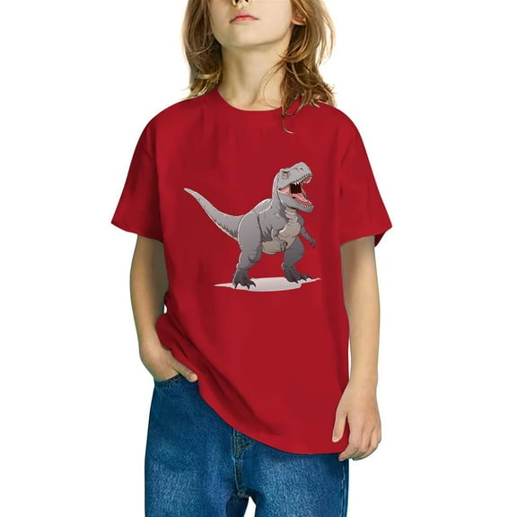 Odeerbi Kids Boys Girls T-shirt Dinosaur Print Short Sleeve Cotton Tee Tops Kids Fashion Cute Round Neck Cartoon Print Tees Red