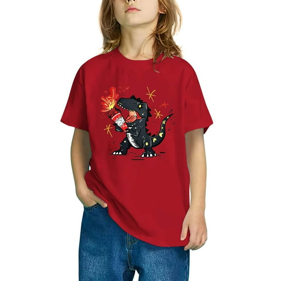 Odeerbi Kids Boys Girls T-shirt Dinosaur Print Short Sleeve Cotton Tee Tops Kids Fashion Cute Round Neck Cartoon Print Tees Red