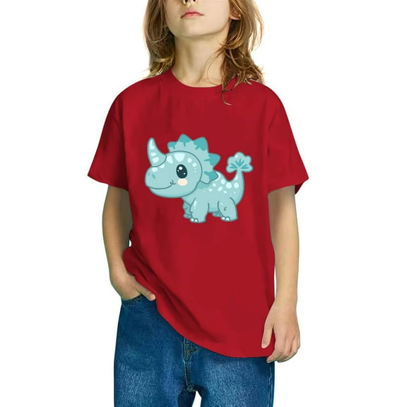 Odeerbi Kids Boys Girls T-shirt Dinosaur Print Short Sleeve Cotton Tee Tops Kids Fashion Cute Round Neck Cartoon Print Tees Red