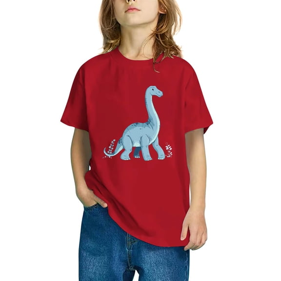 Odeerbi Toddler Boys Girls T-shirt Dinosaur Print Short Sleeve Cotton Tee Tops Kids Fashion Cute Round Neck Cartoon Print Tees Red