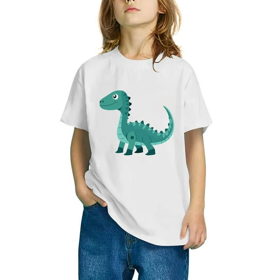 Odeerbi Kids Boys Girls T-shirt Dinosaur Print Short Sleeve Cotton Tee Tops Kids Fashion Cute Round Neck Cartoon Print Tees White