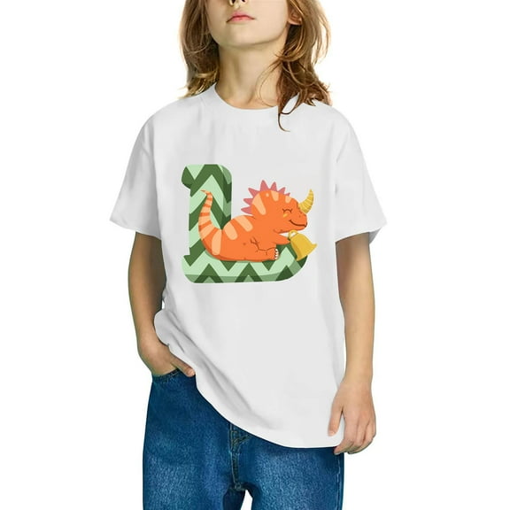 Odeerbi Toddler Boys Girls T-shirt Dinosaur Print Short Sleeve Cotton Tee Tops Kids Fashion Cute Round Neck Cartoon Print Tees White