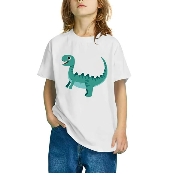 Odeerbi Kids Boys Girls T-shirt Dinosaur Print Short Sleeve Cotton Tee Tops Kids Fashion Cute Round Neck Cartoon Print Tees White