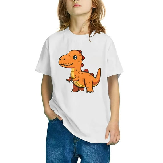 Odeerbi Toddler Boys Girls T-shirt Dinosaur Print Short Sleeve Cotton Tee Tops Kids Fashion Cute Round Neck Cartoon Print Tees White