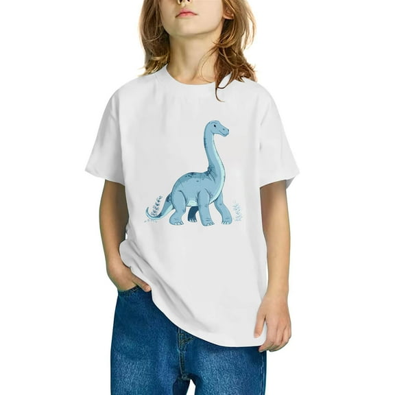 Odeerbi Toddler Boys Girls T-shirt Dinosaur Print Short Sleeve Cotton Tee Tops Kids Fashion Cute Round Neck Cartoon Print Tees White