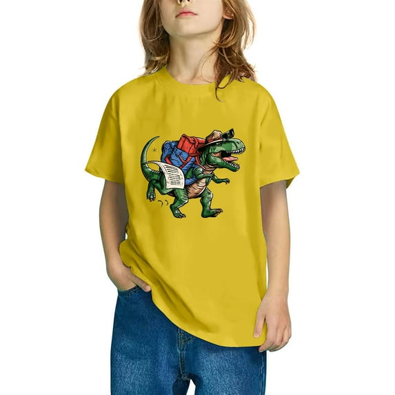 Odeerbi Kids Boys Girls T-shirt Dinosaur Print Short Sleeve Cotton Tee Tops Kids Fashion Cute Round Neck Cartoon Print Tees Yellow