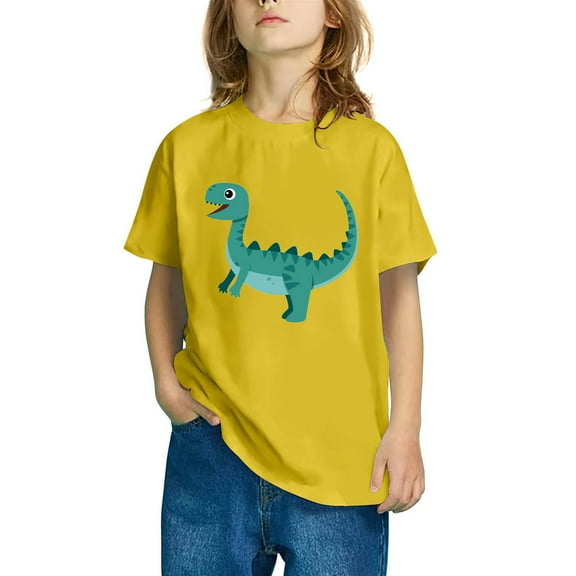 Odeerbi Kids Boys Girls T-shirt Dinosaur Print Short Sleeve Cotton Tee Tops Kids Fashion Cute Round Neck Cartoon Print Tees Yellow