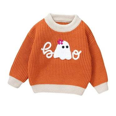 Odeerbi Toddler Boys Girls Thanksgiving Sweater Cute Winter Thermal Knit Crewneck Sweater Infant Halloween Ghost Pattern Knitted Tops Baby Holiday Sweaters Toddler Clothes Orange