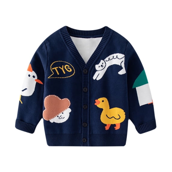 Odeerbi Toddler Boys Girls Thermal Cardigan Sweater Fashion Casual Long Sleeve Winter Warm Knit Sweater Double Layer Thread Cardigan Sweater Navy