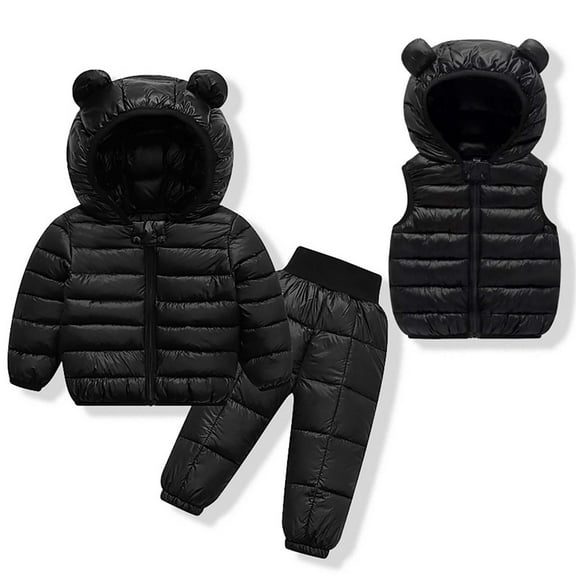 Odeerbi Toddler Boys Girls Thermal Winter Outfits Snowsuits Hooded Puffer Jacket Quilted Padded Pants Down Vest Three Piece Set Lightweight Outerwear Set Toddler Clothes Black