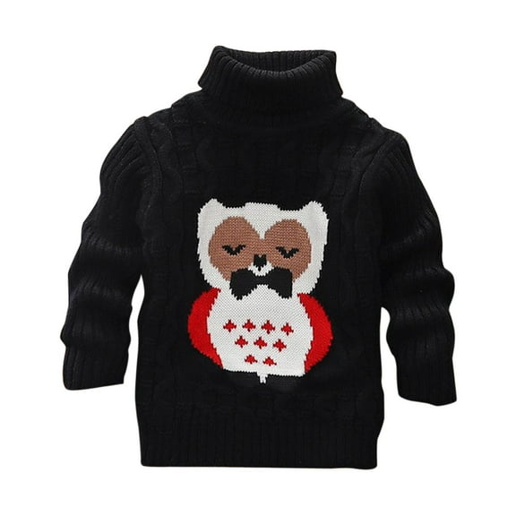 Odeerbi Toddler Boys Girls Turtleneck Sweater Winter Thermal Cable Knit Sweater 1-12 Years Children's Owl Print Loose Sweater Long Sleeve Sweater Toddler Clothes Black