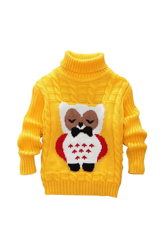 Toddler Boys Girls Turtleneck Sweater Winter Thermal Cable Knit Sweater 1-12 Years Children's Owl Print Loose Sweater Long Sleeve Sweater Toddler Clothes Yellow
