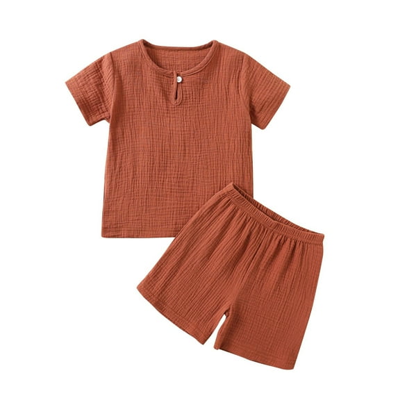 Odeerbi Toddler Boys Girls Two Piece Outfits Cotton Linen Summer Clothes Spring Toddler Kids Baby Solid Color Short Sleeve Shirt Shorts Set Orange