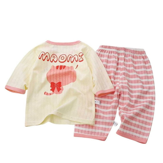 Odeerbi Toddler Boys Girls Two Piece Outfits Cotton Summer Clothes Baby Children's Winter Cute Print Short Sleeve T-shirt Striped Pants Home Clothes Suit Pink