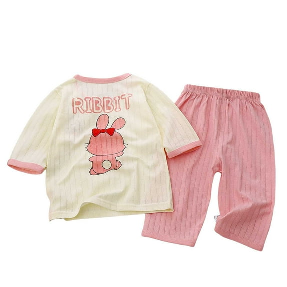 Odeerbi Toddler Boys Girls Two Piece Outfits Cotton Summer Clothes Baby Children's Winter Cute Print Short Sleeve T-shirt Striped Pants Home Clothes Suit Beige