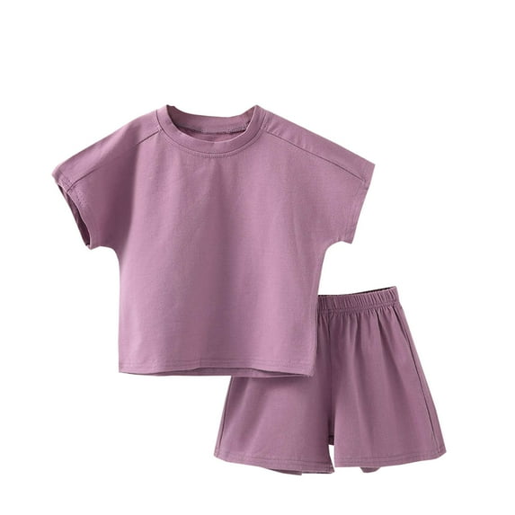 Odeerbi Toddler Boys Girls Two Piece Outfits Cotton Summer Clothes Children Solid Color Short Sleeve Round Neck Blouses T-shirt Loose Leisure Shorts Sets Purple