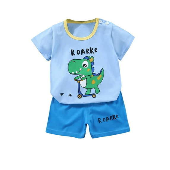 Odeerbi Toddler Boys Girls Two Piece Outfits Cotton Summer Clothes Fashion Casual Cartoon Printed Round Neck Short Sleeve Tops Printed Shorts Set Blue-1