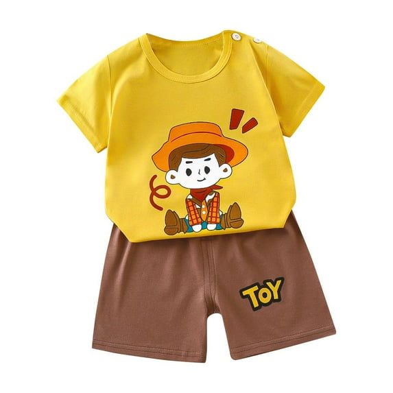 Odeerbi Toddler Boys Girls Two Piece Outfits Cotton Summer Clothes Fashion Casual Cartoon Printed Round Neck Short Sleeve Tops Printed Shorts Set Brown