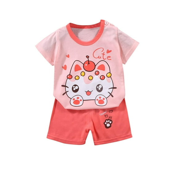 Odeerbi Toddler Boys Girls Two Piece Outfits Cotton Summer Clothes Fashion Casual Cartoon Printed Round Neck Short Sleeve Tops Printed Shorts Set Hot Pink