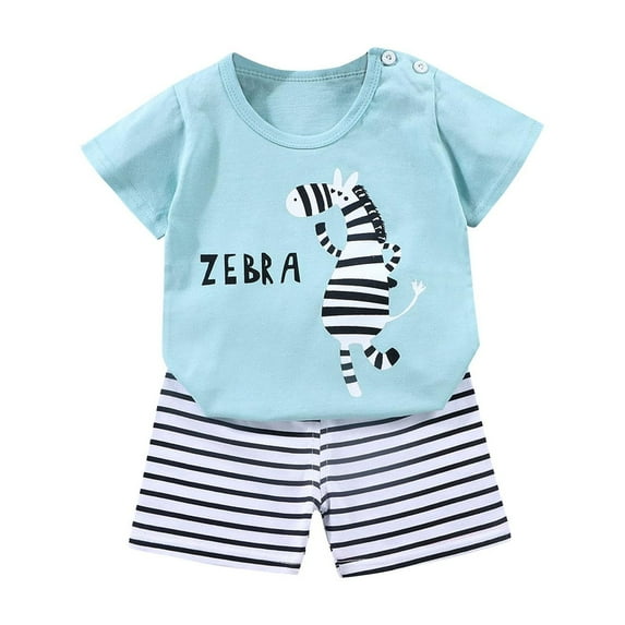 Odeerbi Toddler Boys Girls Two Piece Outfits Cotton Summer Clothes Fashion Casual Cartoon Printed Round Neck Short Sleeve Tops Printed Shorts Set Sky Blue