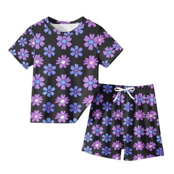 Odeerbi Toddler Boys Girls Two Piece Outfits Summer Clothes Fashion Casual Cartoon Printed Round Neck Short Sleeve Tops Printed Shorts Set Dark Purple
