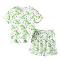Odeerbi Toddler Boys Girls Two Piece Outfits Summer Clothes Fashion Casual Dinosaur Cartoon Printed Round Neck Short Sleeve Tops Shorts Set Green