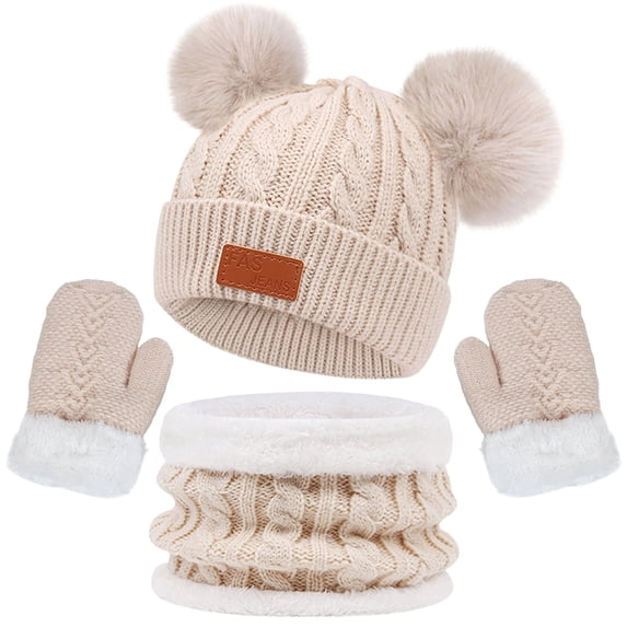 Odeerbi Toddler Boys Girls Winter Beanie Hat Neck Warmer Gloves Set Kids Thick Ski Cap With PomPom Winter Beanie Hat Warm Knit Scarf Gloves Set Beige One Size