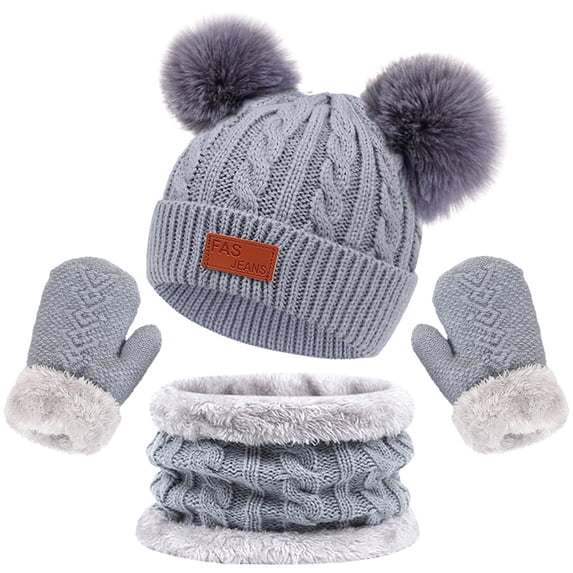 Odeerbi Toddler Boys Girls Winter Beanie Hat Neck Warmer Gloves Set Kids Thick Ski Cap With PomPom Winter Beanie Hat Warm Knit Scarf Gloves Set Gray One Size