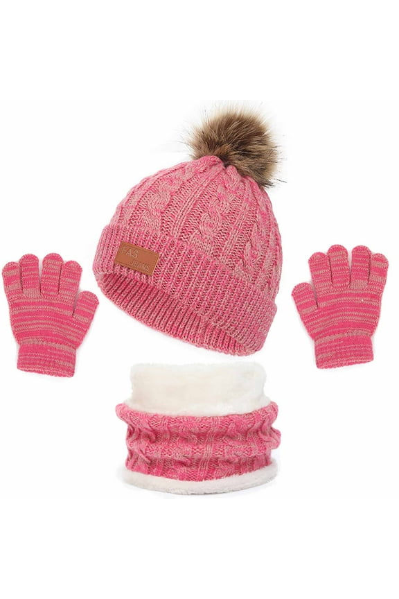 Toddler Boys Girls Winter Beanie Hat Neck Warmer Gloves Set Kids Thick Ski Cap With PomPom Winter Beanie Hat Warm Knit Scarf Gloves Set Hot Pink One Size