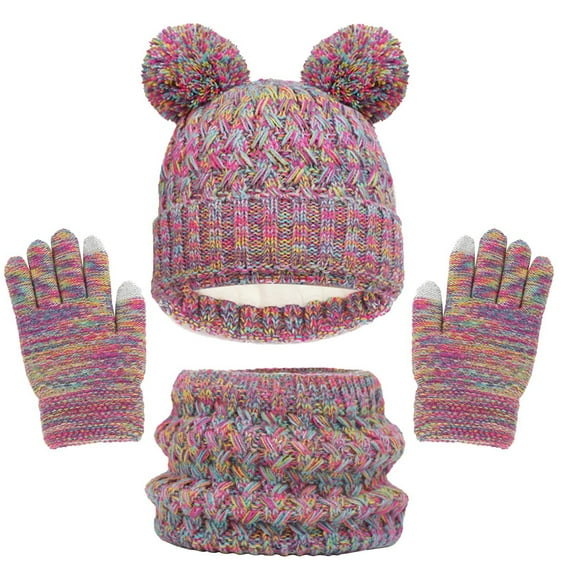Odeerbi Toddler Boys Girls Winter Beanie Hat Neck Warmer Gloves Set Kids Thick Ski Cap With PomPom Winter Beanie Hat Warm Knit Scarf Gloves Set Multicolor One Size