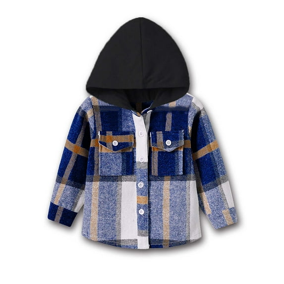 Odeerbi Toddler Boys Girls Winter Coat Plaid Shacket Jacket Fleece Warm Outerwear Overcoat Long Sleeve Hooded Plaid Shirt Jacket Dark Blue